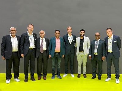 Sagar Metallics and SSM signed a contract at ITMA Milan 2023. From left to right: Dr. A. T. Narayanan, General Manager, SSM India; Carlo Naegeli, SSM India; Madan Wajpe, M.D. SHIVAM Group; Suresh Patel, M.D. Sagar Metallics, Per Olofsson, M.D. SSM; Mayank Patel, E.D. Sagar Metallics; Abhijeet Erande, AGM SHIVAM Group; Roman Haefeli, Head Sales & Marketing SSM