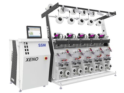 图1：用于生产双芯或三芯芯纱的XENO-AC TWIN空气包覆纱机